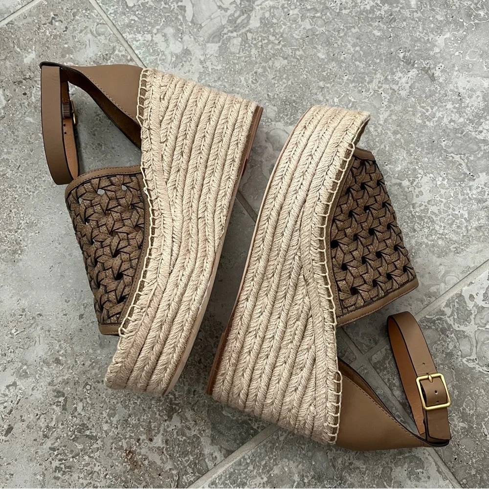 Tory Burch Basketweave Espadrille Ankle Strap Wedges Leather, NWT, Size 10